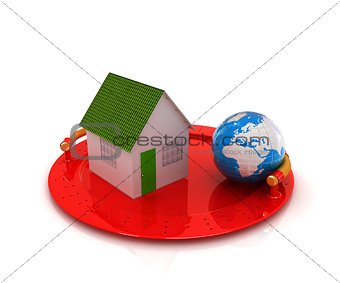 house and earth on restaurant cloche isolated on white backgroun
