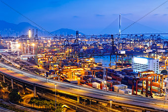container terminal and stonecutter bridge in Hong Kong