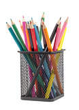 Various color pencils in black metal container