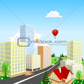 Vector city with a balloon in the background