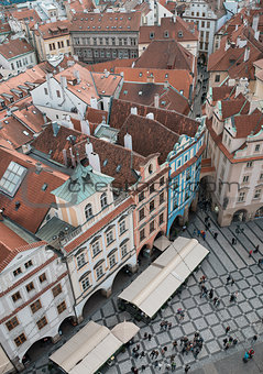 Houses with red roofs in Prague Old Town Square in the Czech Rep