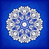 Abstract vector circle floral ornamental border. Lace pattern design. White ornament on blue background. Can be used for banner, web design, wedding cards and others