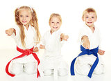 Cheerful young children to sit in a ceremonial kimono karate pose and hit a punch