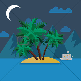 Summer landscape in flat style at night