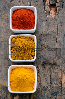 Hot red chili powder, curry and turmeric powder