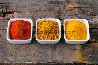 Hot red chili powder, curry and turmeric powder