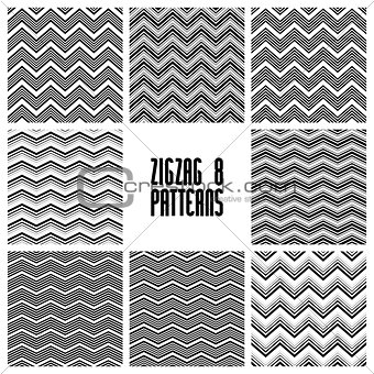 Zig zag black and white geometric seamless patterns set, vector 