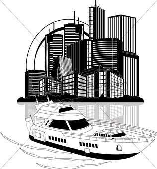 Luxury yacht and skyscrapers