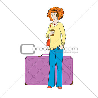 Girl with luggage waiting for the departure