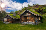 Beautiful view on ancient scandinavian village and countryside landscape