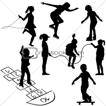 Active kids. Children on roller skates, jumping rope or playing 