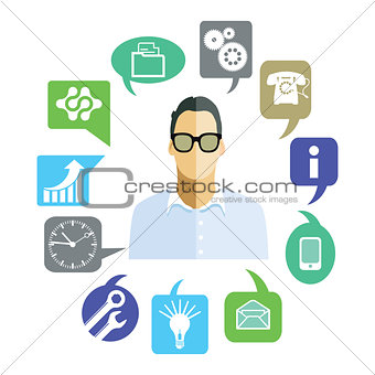 Businessman with work tasks, symbols