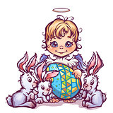 Vector illustration of cartoon cute angel ant sweet rabbits