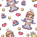 Vector seamless pattern with cartoon angels and gift boxes