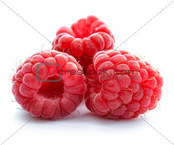 Three Red Ripe Juicy Raspberries Isolated on White Background