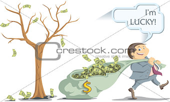lucky businessman pulling a bag with money from the money tree