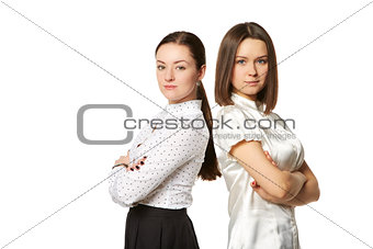 two business women in white shirts