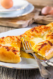 Cut pie with cheese and egg yolk.