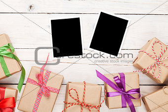 Photo frames and gift boxes with ribbons