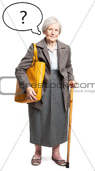 Pensive senior lady with thought bubble over white background
