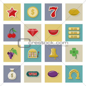 Slot machine and gambling flat icon set with shadows