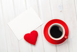 Valentines day blank greeting card, coffee cup and heart shaped 