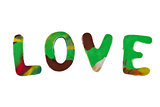 Plasticine letters forming word LOVE written on white background