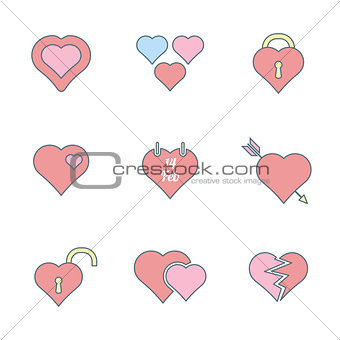 various color outline heart icons set