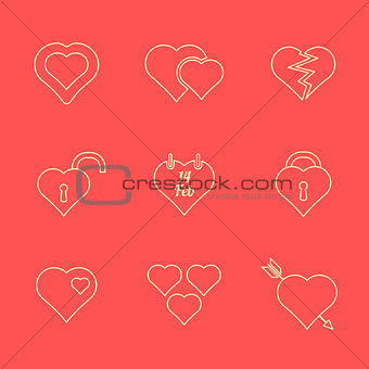 various red color outline heart icons set