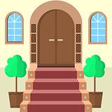 Flat vector illustration of facade doors with stairs