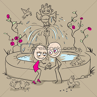 Lovers at the fountain fed birds