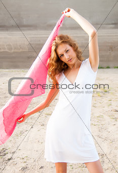 young woman with red scarf