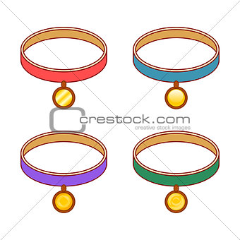 Colorful collars with different round gold tags