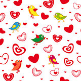 Seamless pattern with hearts and birds
