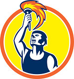 Athlete Player Raising Flaming Torch Circle Retro
