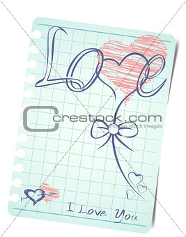 Template of a love card background with blank note paper for Valentines Day