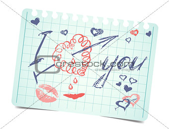 note with text and hearts I love you. Vector valentines card