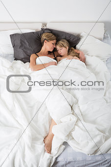 Mother and daughter sleeping from high angle view