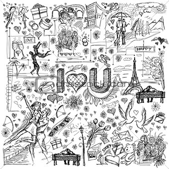 Vector sketch frame background with love story elements