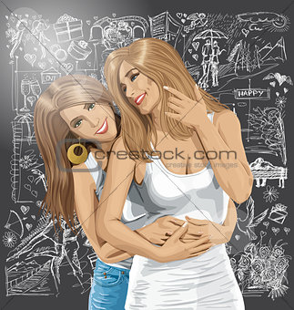 Vector Women Gay Couple Against Love Background