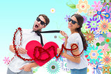Composite image of brunette pulling her boyfriend by the tie holding heart