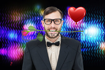 Composite image of geeky hipster holding rose between teeth