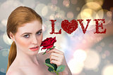 Composite image of beautiful redhead posing with red rose