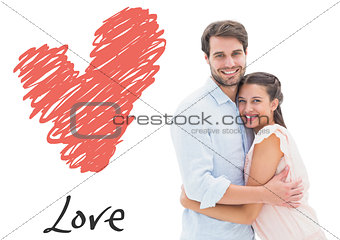 Composite image of attractive young couple hugging and smiling at camera