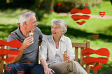 Composite image of senior couple eating an ice cream on a bench