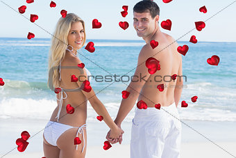 Composite image of rear view of couple holding hands looking