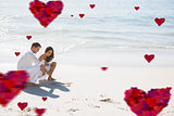 Composite image of cute couple drawing a heart in the sand