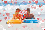 Composite image of cute couple in swimsuit sunbathing together