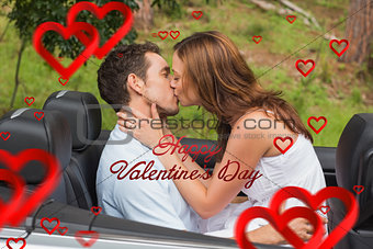 Composite image of beautiful couple kissing in back seat