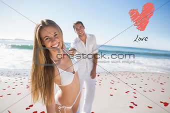 Composite image of woman smiling at camera with boyfriend holding her hand